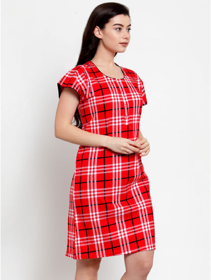 Secret Wish Women's Red Cotton Checked Short Nightdress (Free Size)