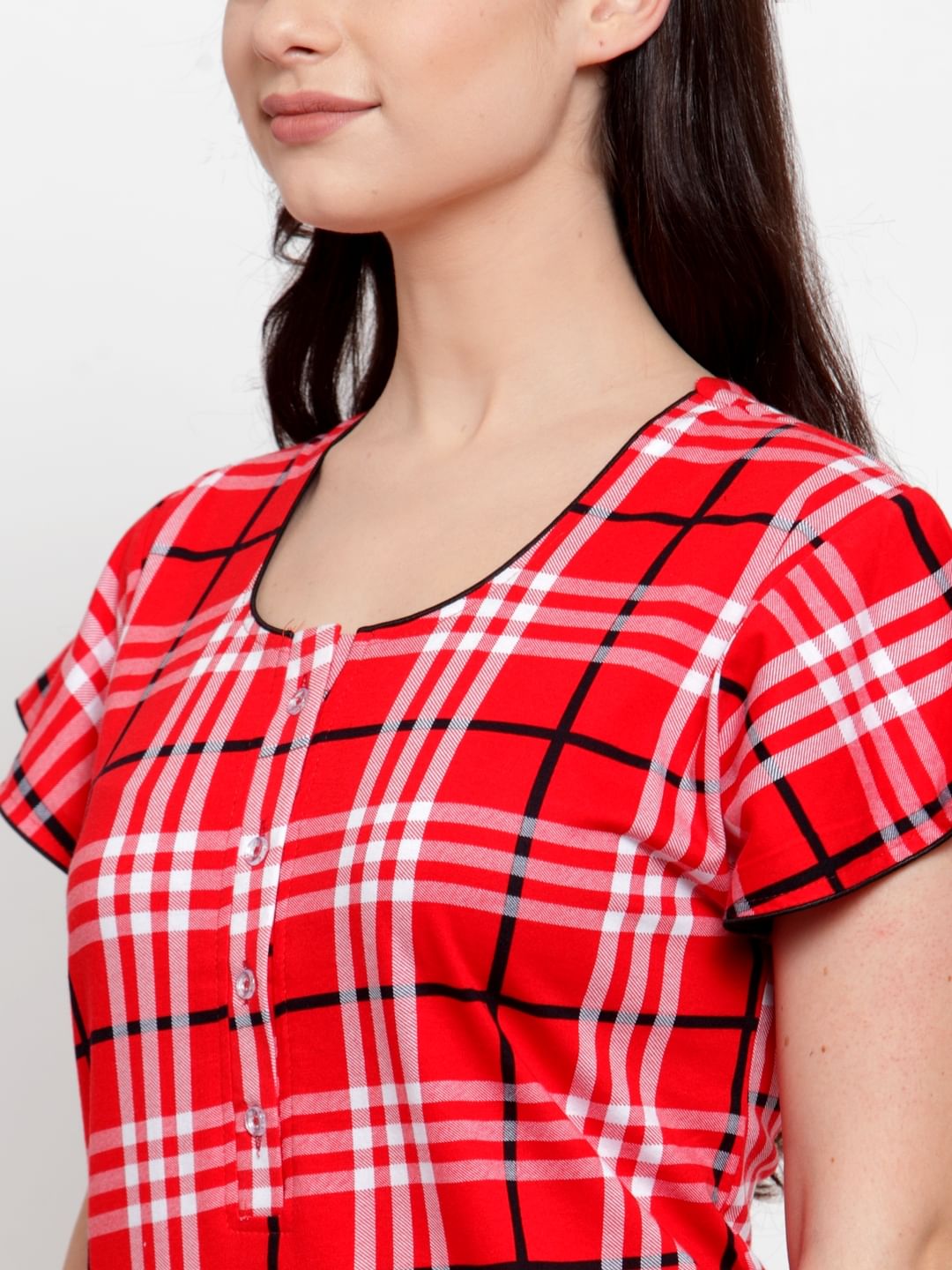 Red Cotton Checked Short Nightdress (Free Size)