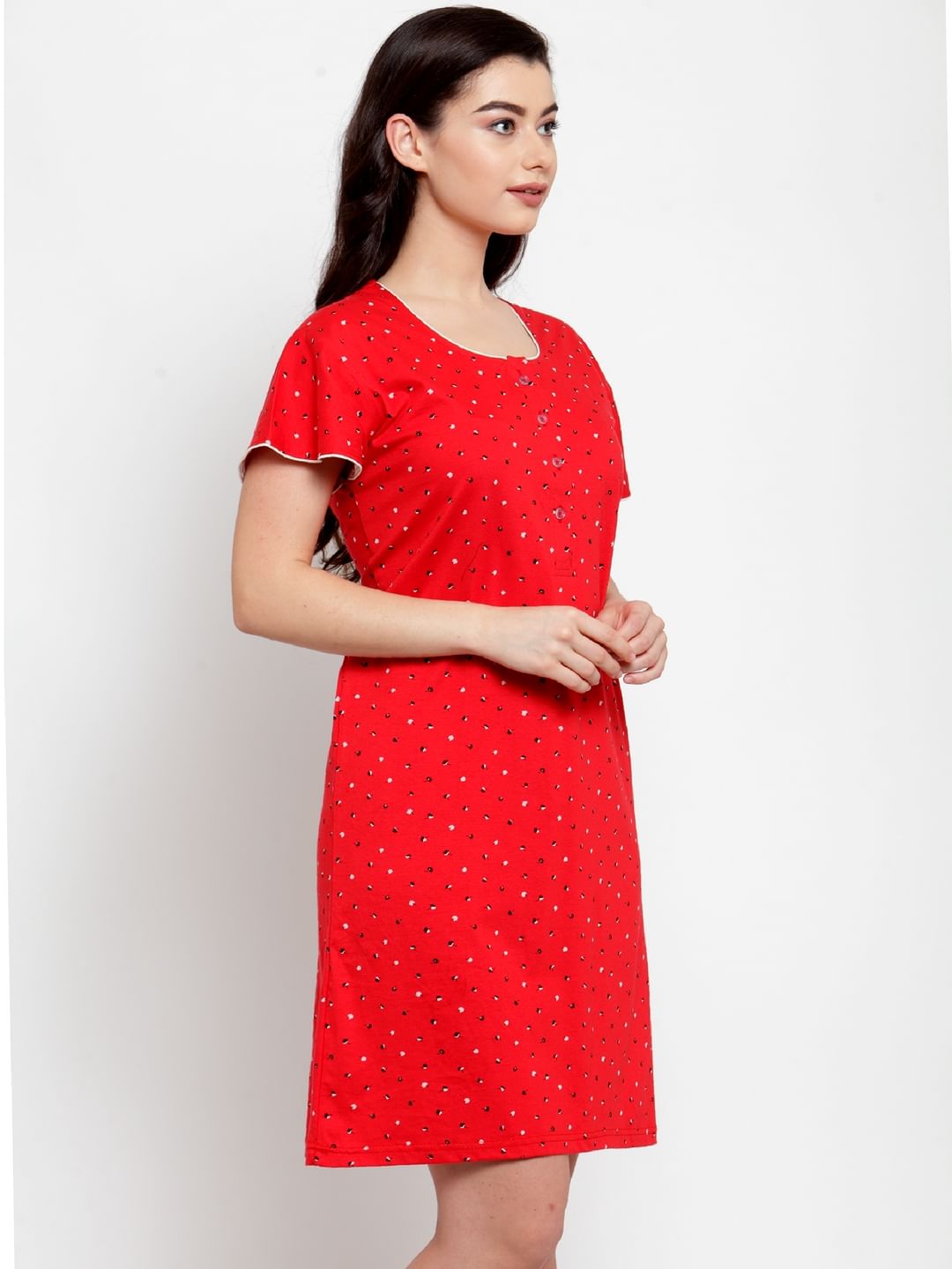 Red Cotton Printed Short Nightdress (Free Size)