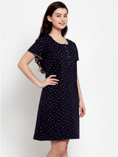 Secret Wish Women's Navy Blue Cotton Printed Short Nightdress (Free Size)