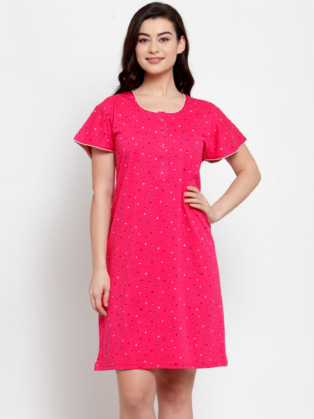 Pink Cotton Printed Short Nightdress (Free Size)