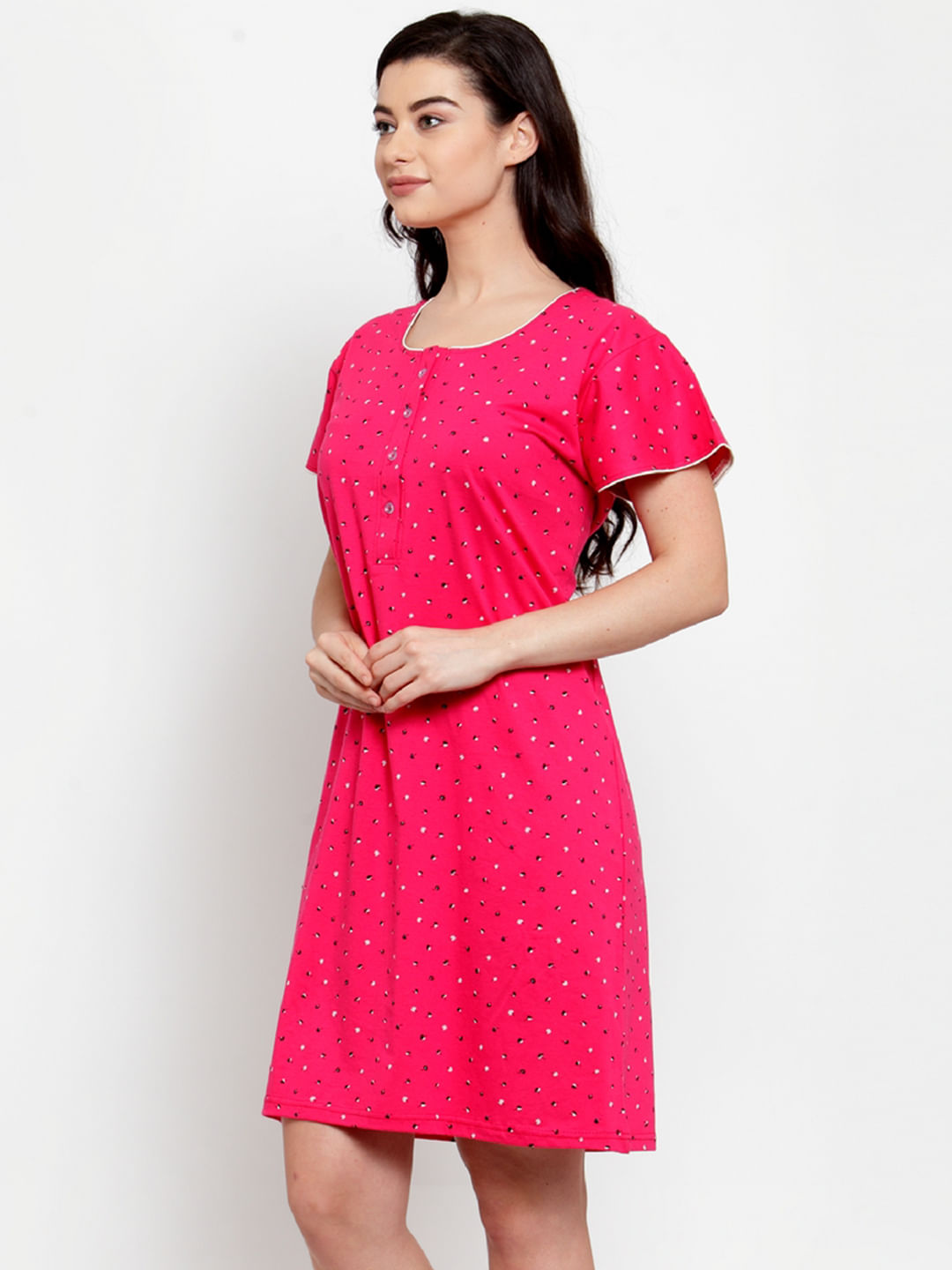 Pink Cotton Printed Short Nightdress (Free Size)