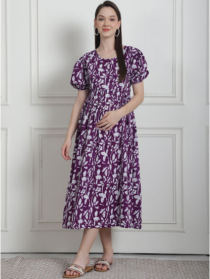 Floral Print Purple Cotton Maternity Nightdress