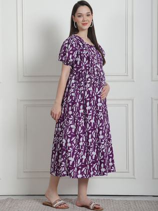 Floral Print Purple Cotton Maternity Nightdress