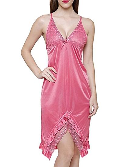 Satin Pink Babydoll Dress (Pink, Free Size)