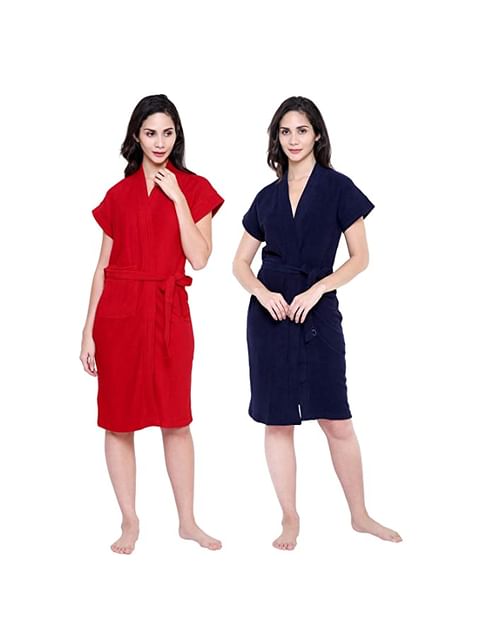 Secret Wish Women's Cherry-Red & Navy-Blue Cotton Bathrobe COMBO (Free Size)