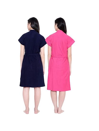 Secret Wish Women's Navy-Blue & Pink Cotton Bathrobe COMBO (Free Size)