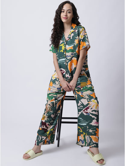 Secret Wish Women's Rayon Camouflage Printed Night Suit set of Shirt & Pyjama trouser
