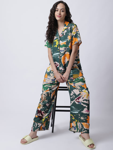 Secret Wish Women's Rayon Camouflage Printed Night Suit set of Shirt & Pyjama trouser