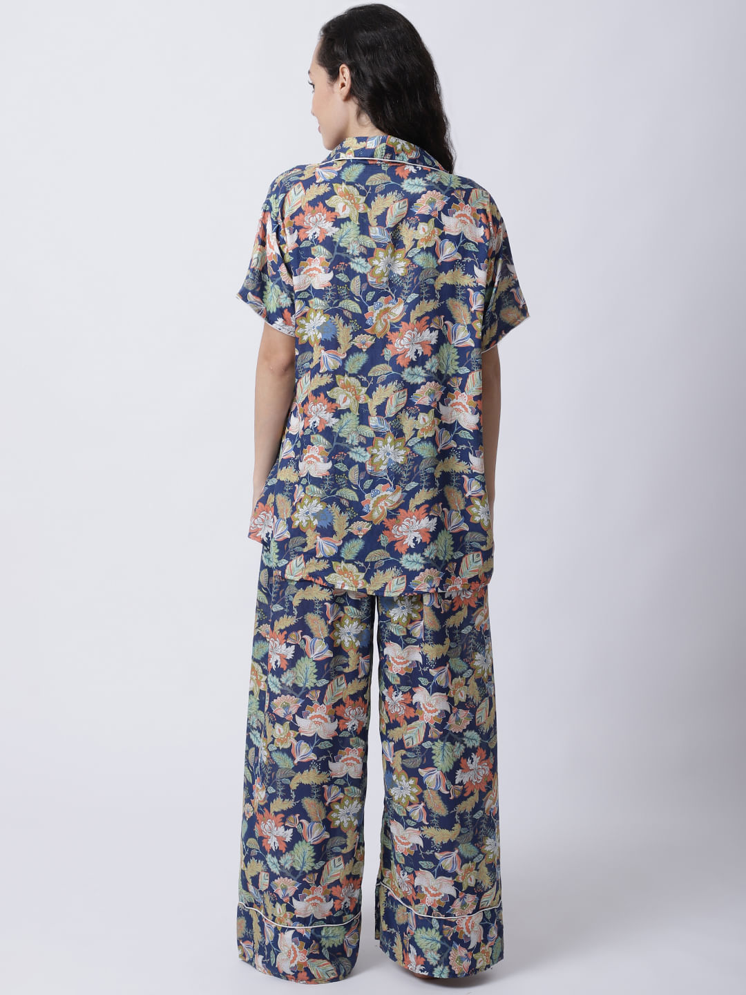 Rayon Blue Botanical Printed Night Suit set of Shirt & Pyjama trouser