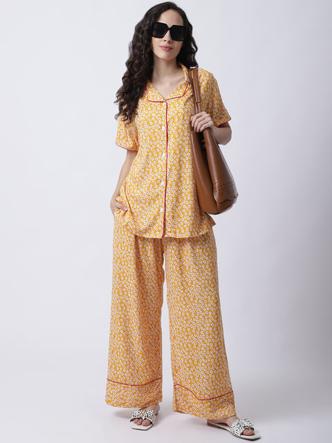 Secret Wish Women's Rayon Yellow Floral Printed Night Suit set of Shirt & Pyjama trouser