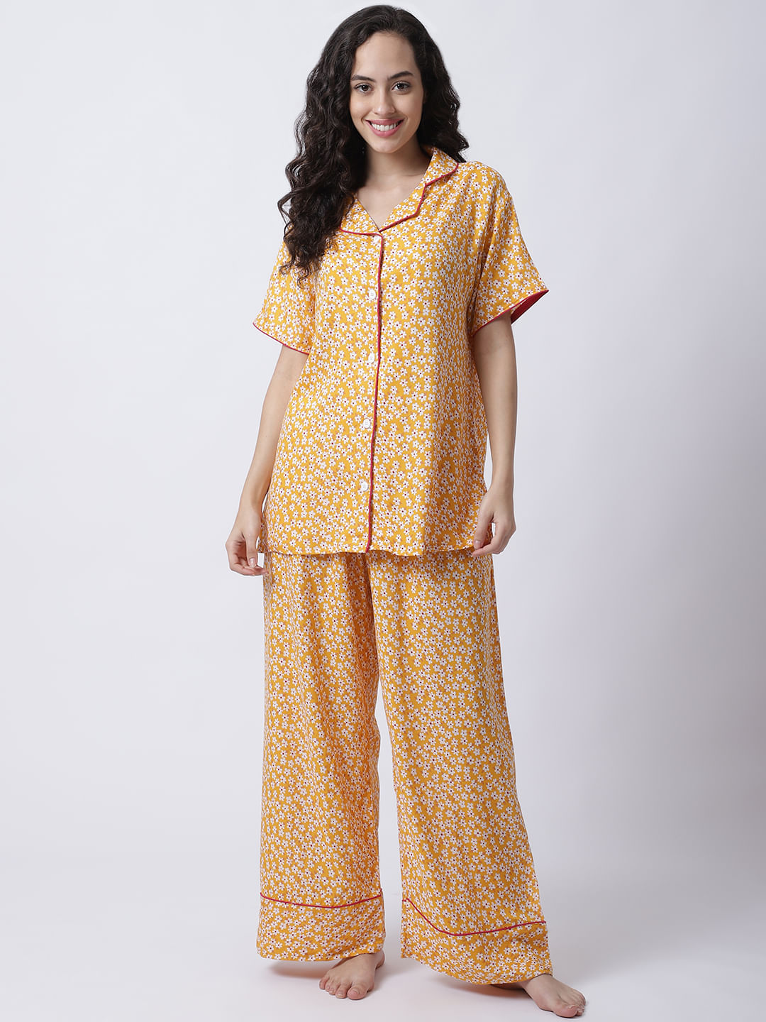 Rayon Yellow Floral Printed Night Suit set of Shirt & Pyjama trouser