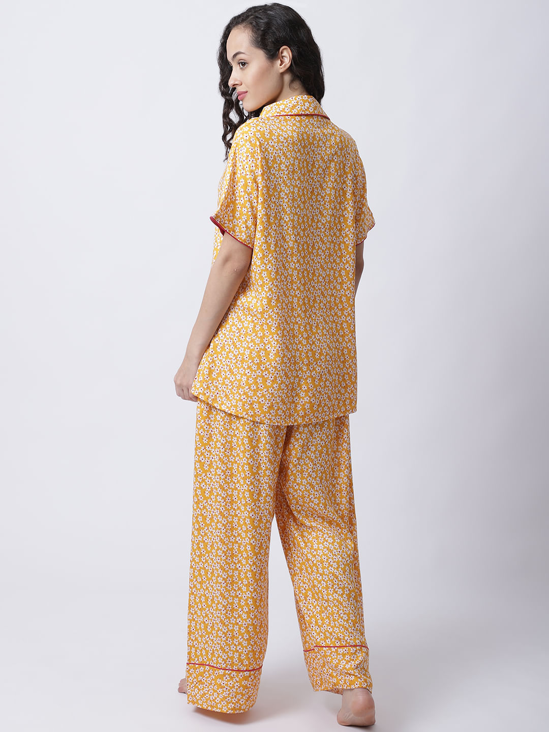 Buy Rayon Yellow Floral Printed Night Suit set of Shirt & Pyjama Trouser  for Women at Secret Wish | 491274