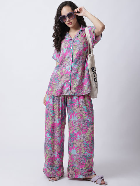 Secret Wish Women's Rayon Pink Botanical Printed Night Suit set of Shirt & Pyjama trouser