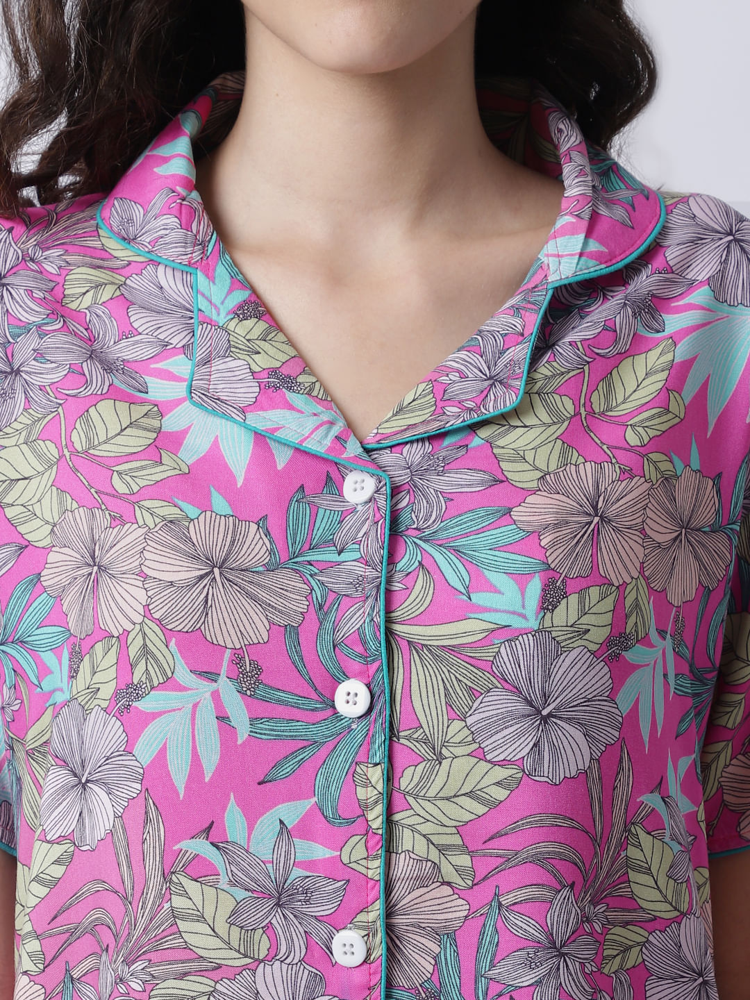 Rayon Pink Botanical Printed Night Suit set of Shirt & Pyjama trouser