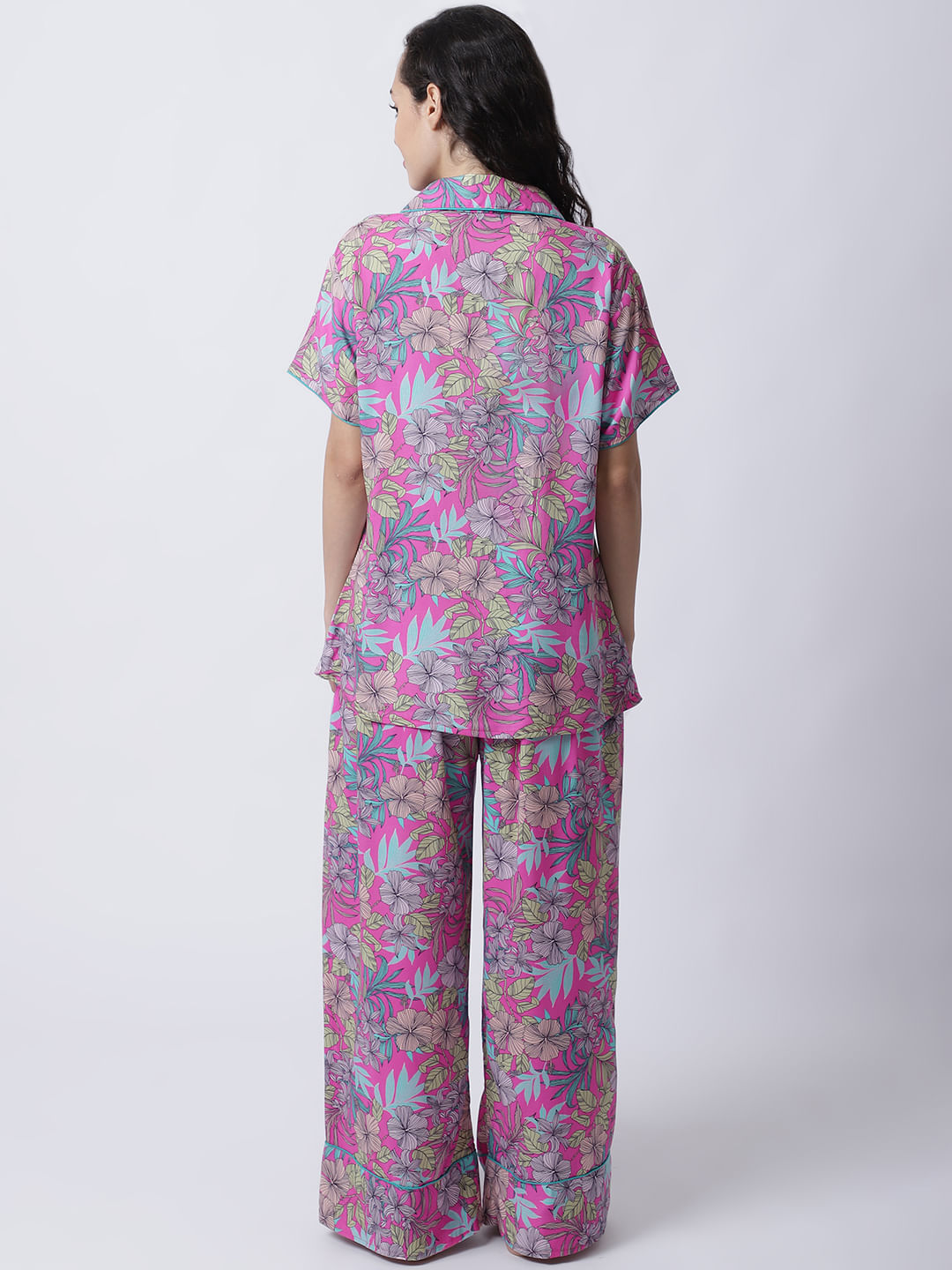Rayon Pink Botanical Printed Night Suit set of Shirt & Pyjama trouser