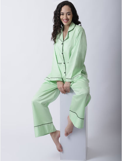 Secret Wish Women's Cotton Satin Lycra Night Suit set of Shirt & Pyjama trouser