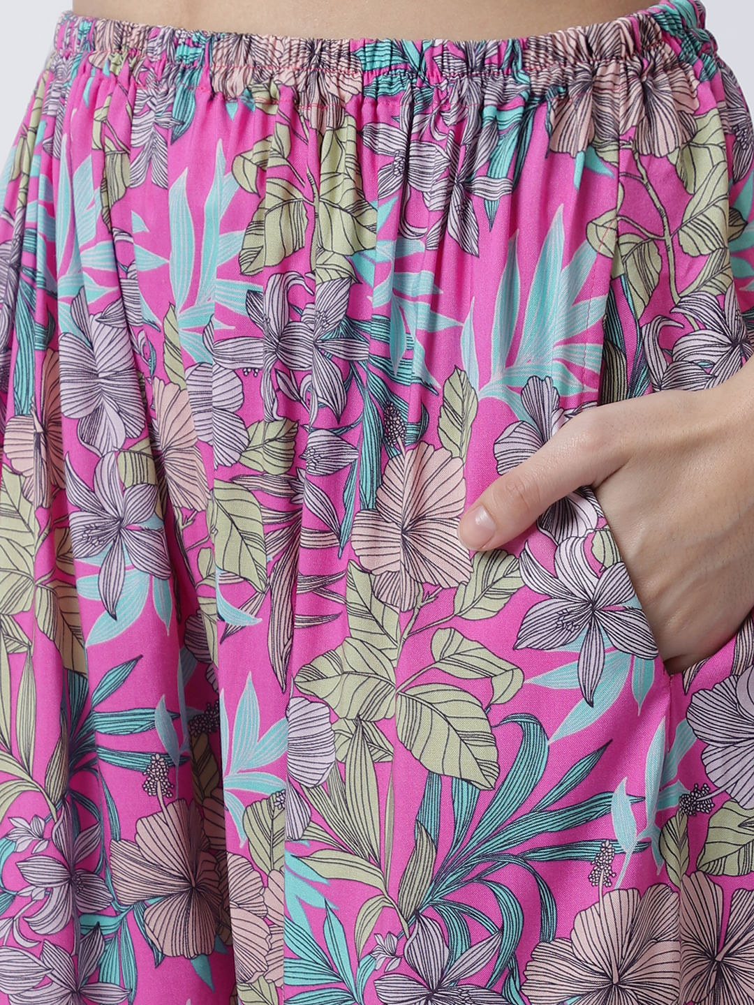 Rayon Pink Botanical Printed Night Suit set of Top & Pyjama trouser