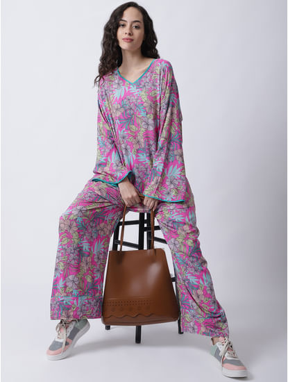 Secret Wish Women's Rayon Pink Botanical Printed Night Suit set of Top & Pyjama trouser