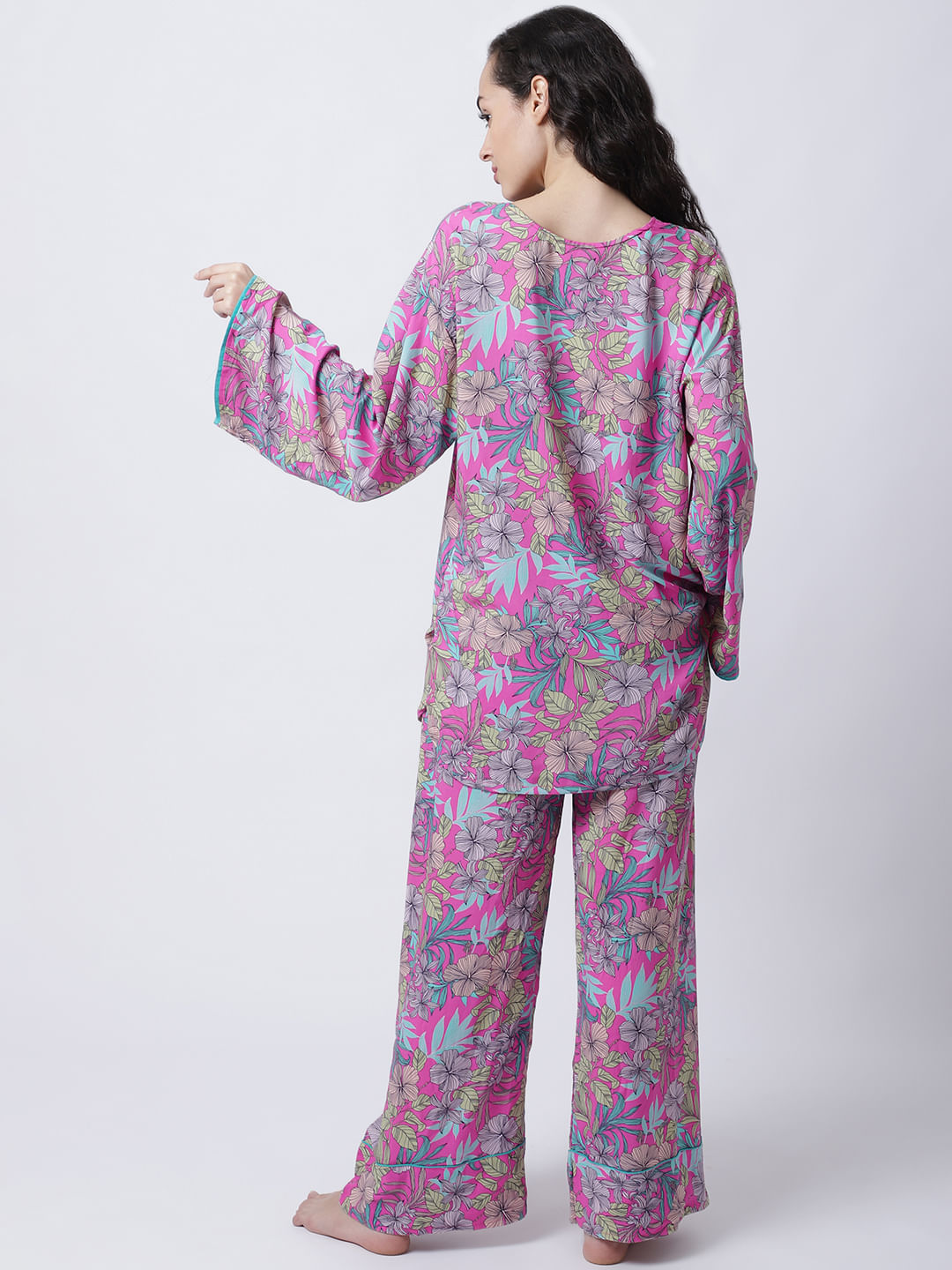 Rayon Pink Botanical Printed Night Suit set of Top & Pyjama trouser