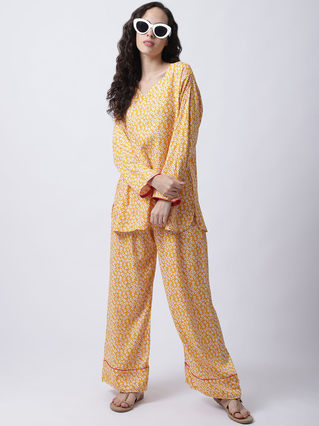 Rayon Yellow Floral Printed Night Suit set of Top & Pyjama trouser