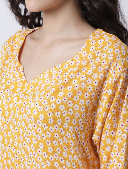 Secret Wish Women's Rayon Yellow Floral Printed Night Suit set of Top & Pyjama trouser