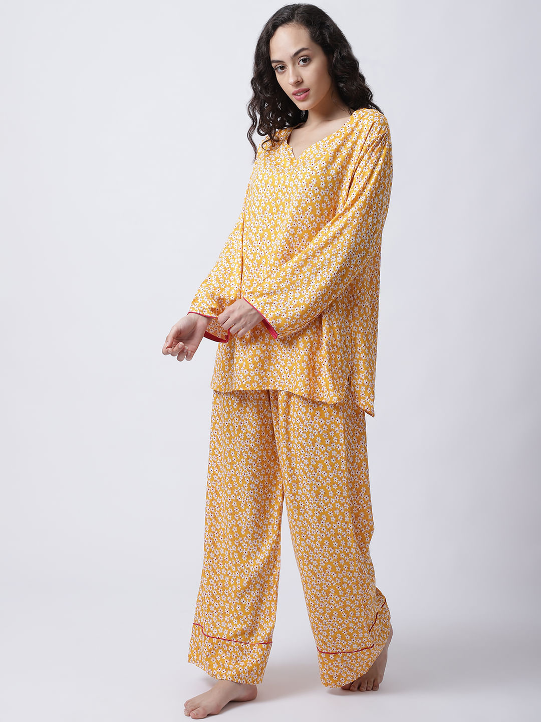 Rayon Yellow Floral Printed Night Suit set of Top & Pyjama trouser