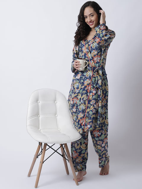 Secret Wish Women's Rayon Blue Botanical Printed 3 Piece Night Suit set of Shirt & Pyjama trouser