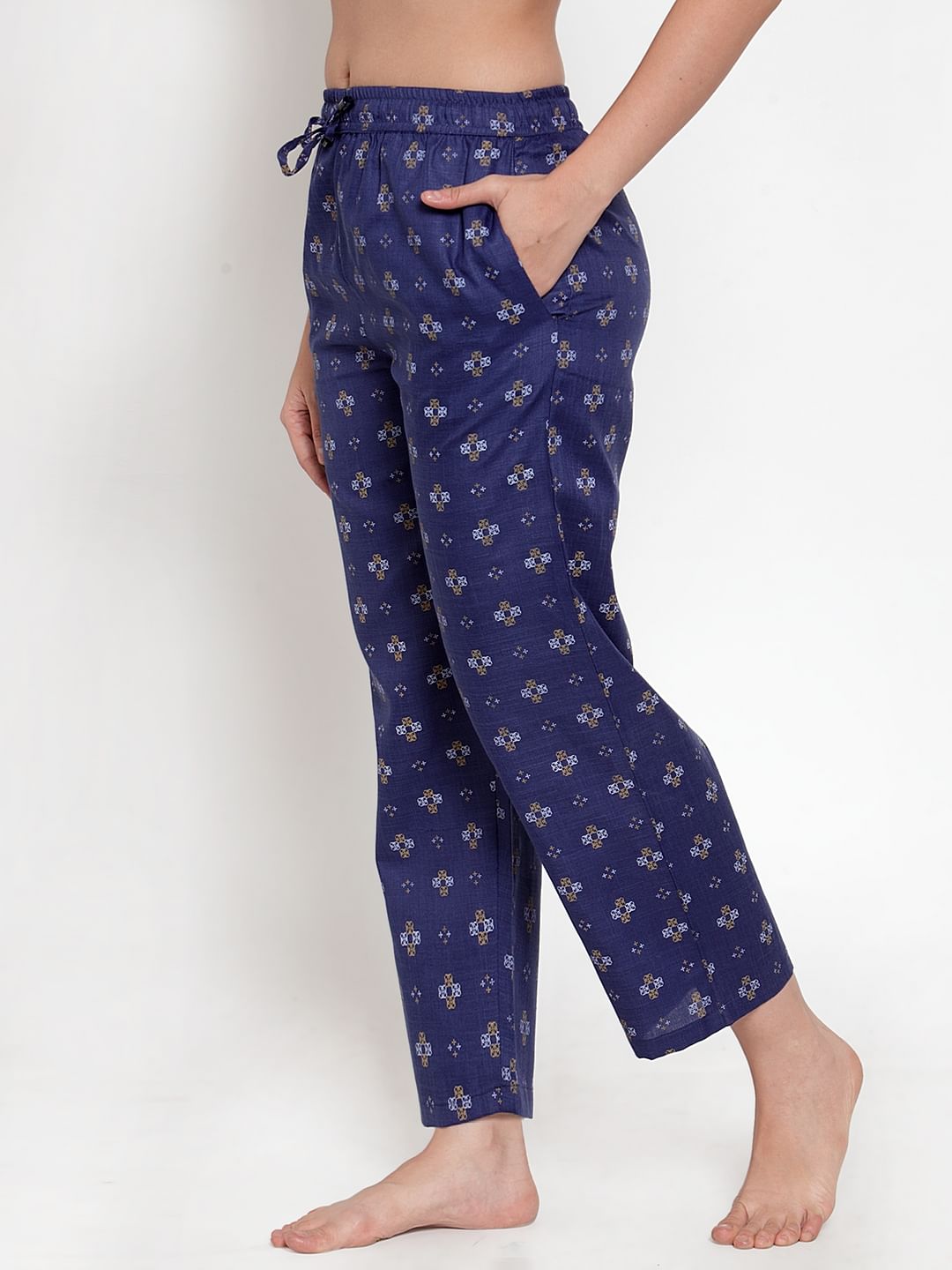 Navy Blue Cotton Printed Pyjama