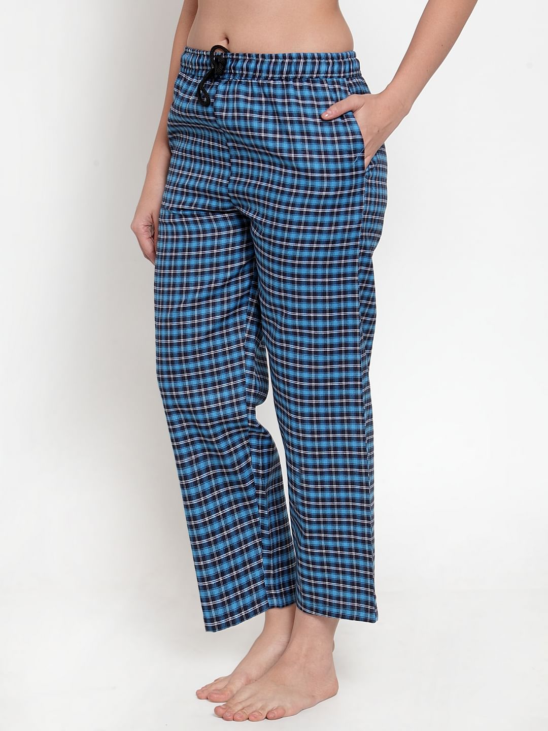 Buy Blue Cotton Checked Pyjama for Women at Secret Wish 402482