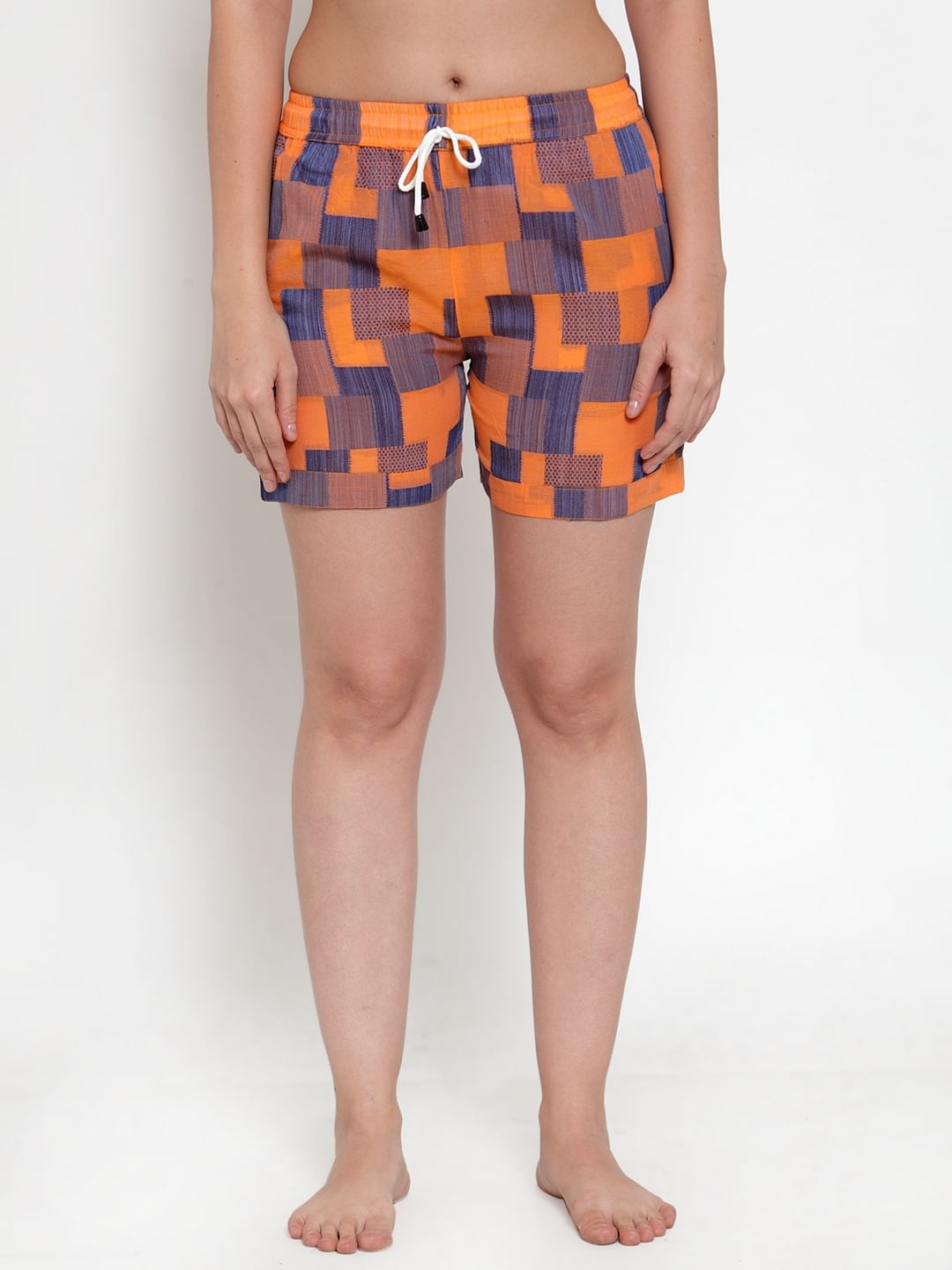 Orange Cotton Checked Shorts