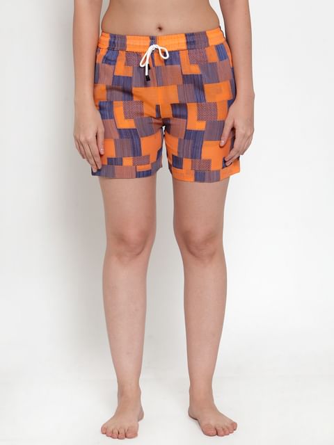 Secret Wish Women's Orange Cotton Checked Shorts