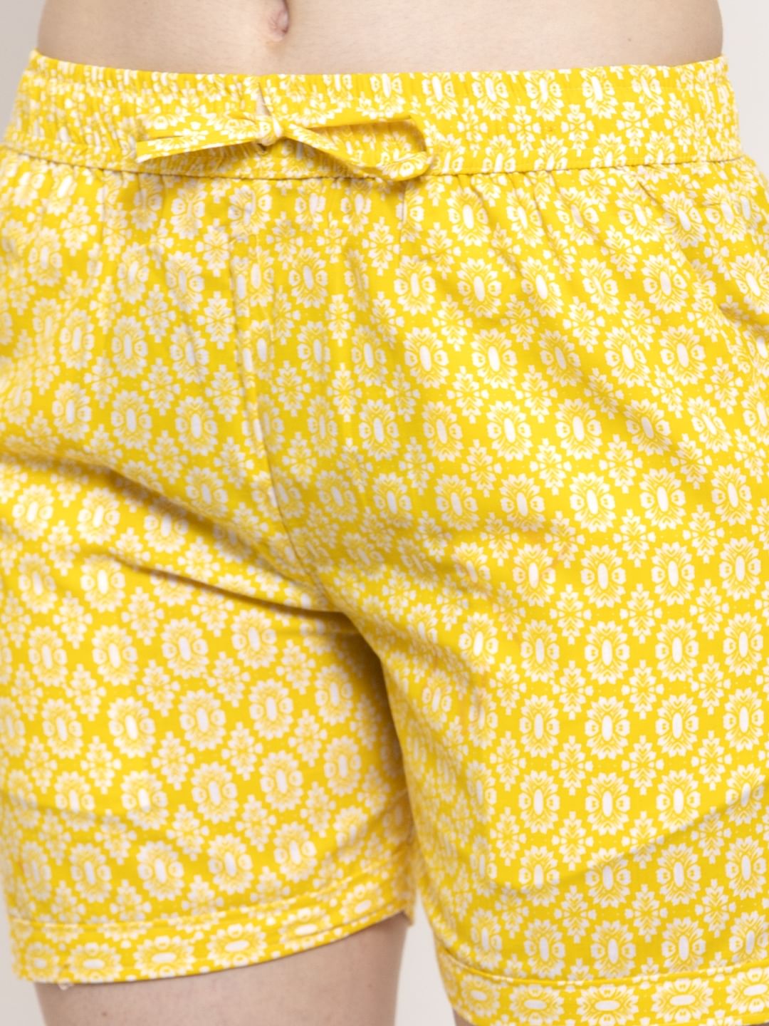 Yellow Cotton Printed Shorts