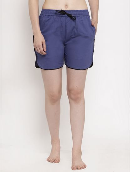 Navy Blue Cotton Solid Shorts