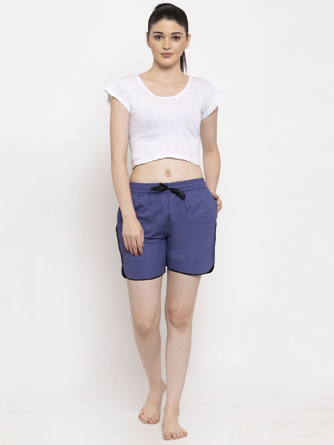 Navy Blue Cotton Solid Shorts