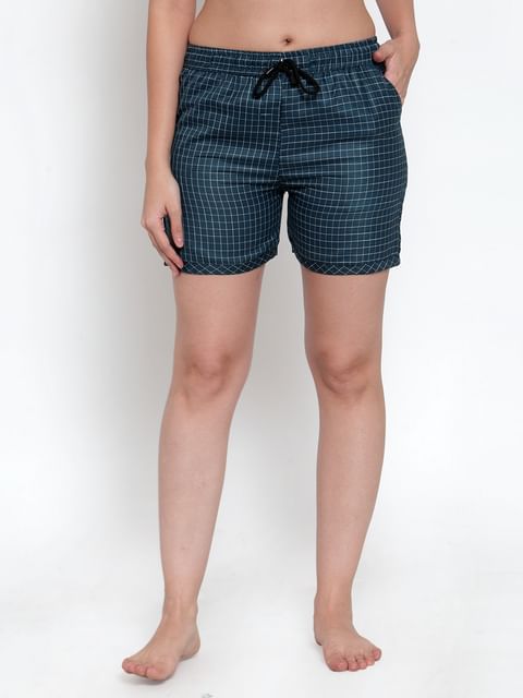Secret Wish Women's Navy Blue Cotton Checked Shorts