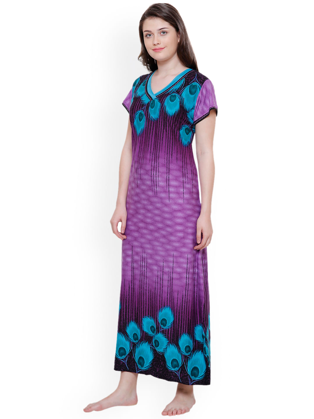 Purple Cotton Printed Nightdress