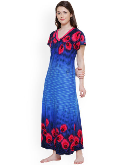 Secret Wish Women's Blue Cotton Printed Nightdress 