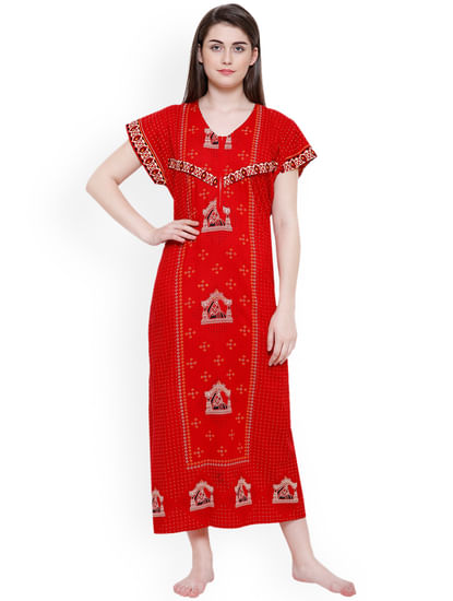Red Cotton Printed Nightdress