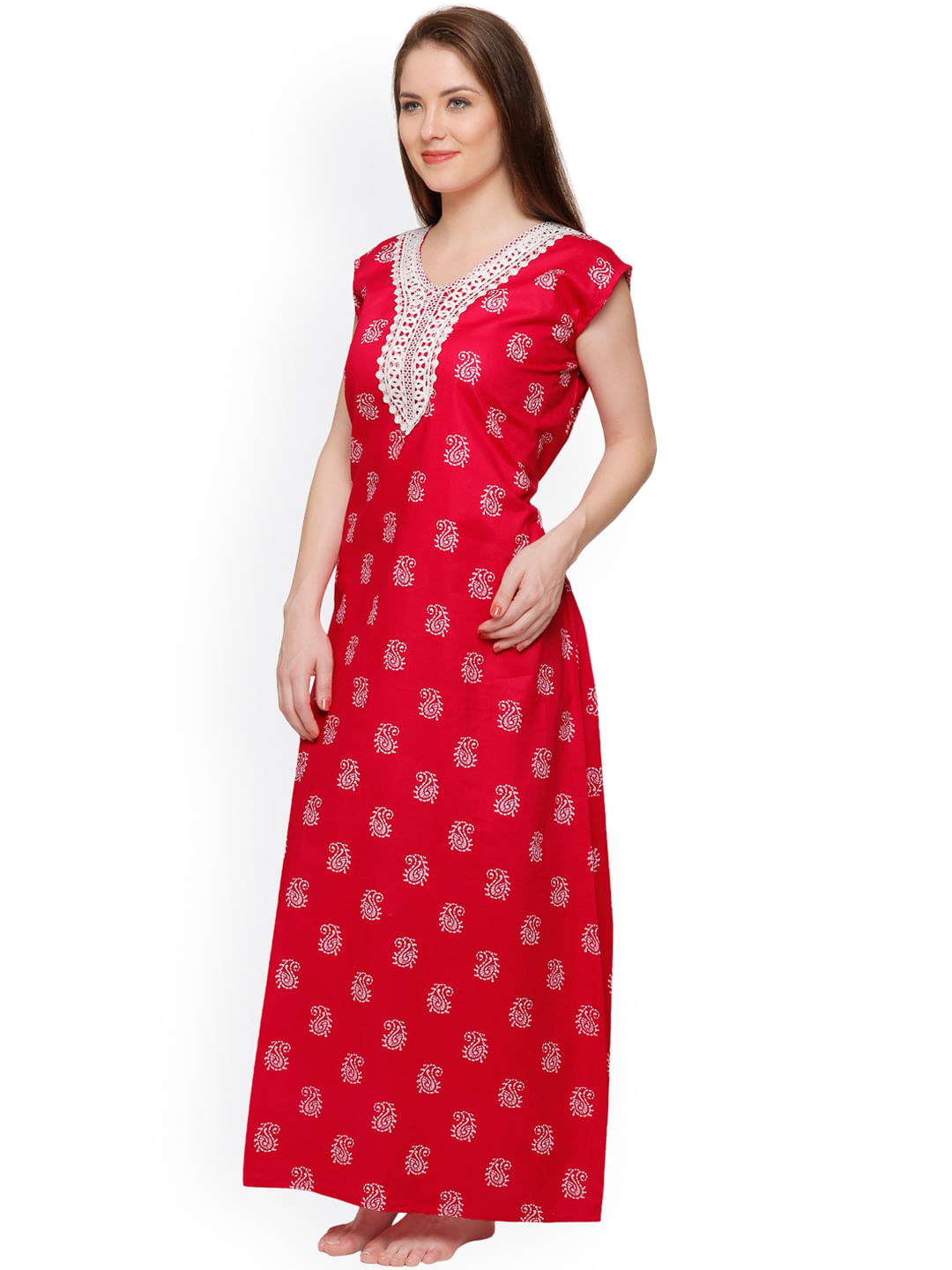 Red Paisley Cotton Print Maxi Nightdress