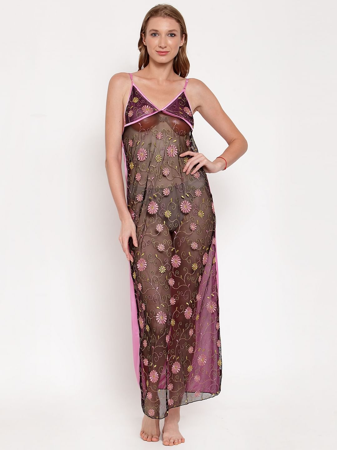 Pink Printed Satin Nighty with Robe