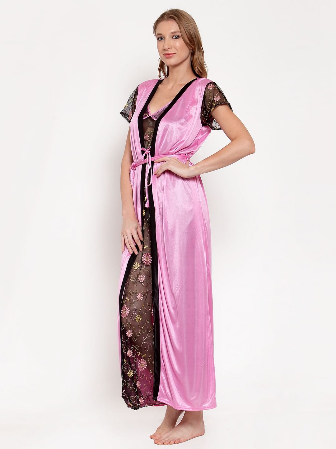 Pink Printed Satin Nighty with Robe