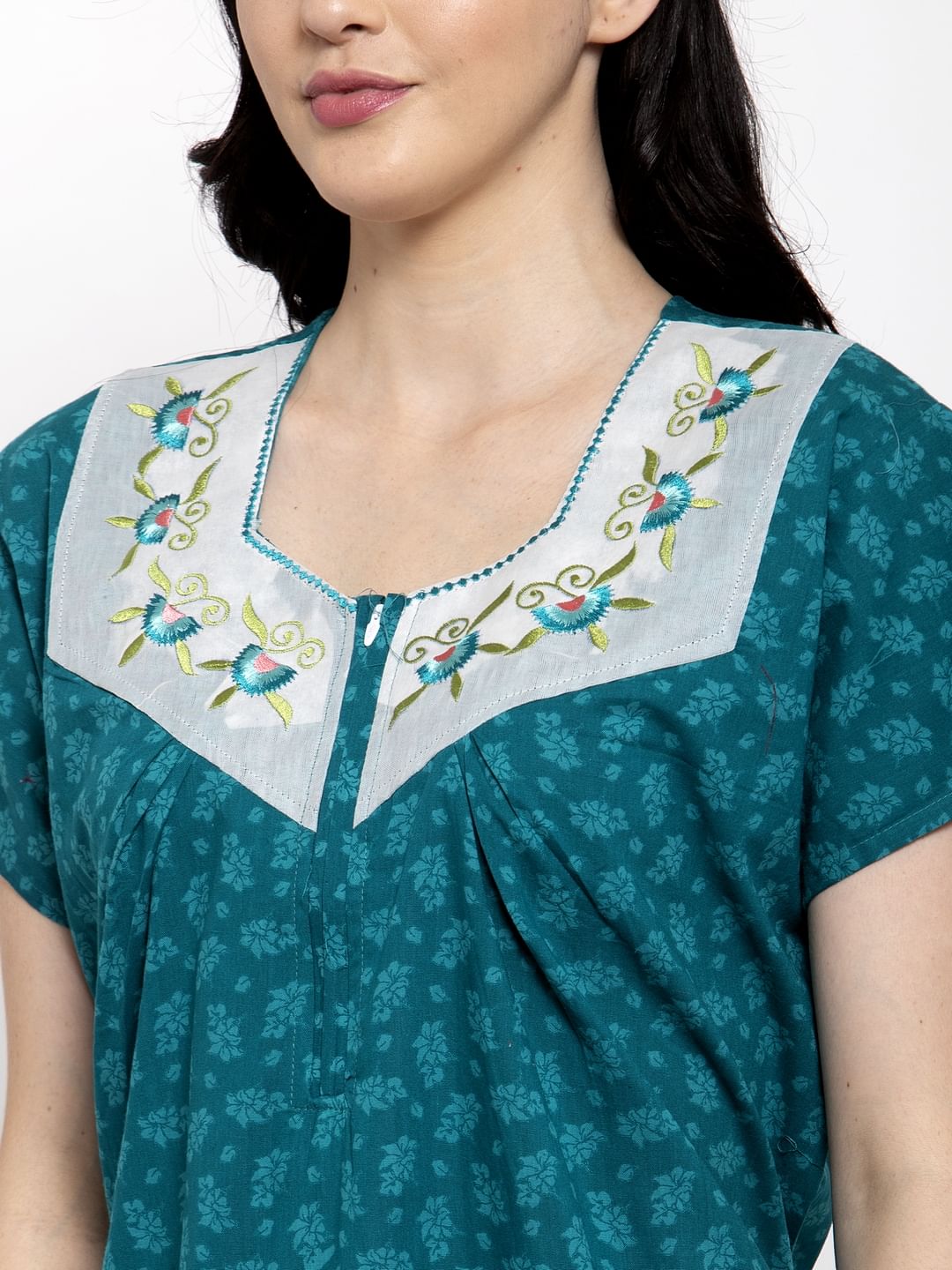 Turquoise Blue Printed Cotton Nighty