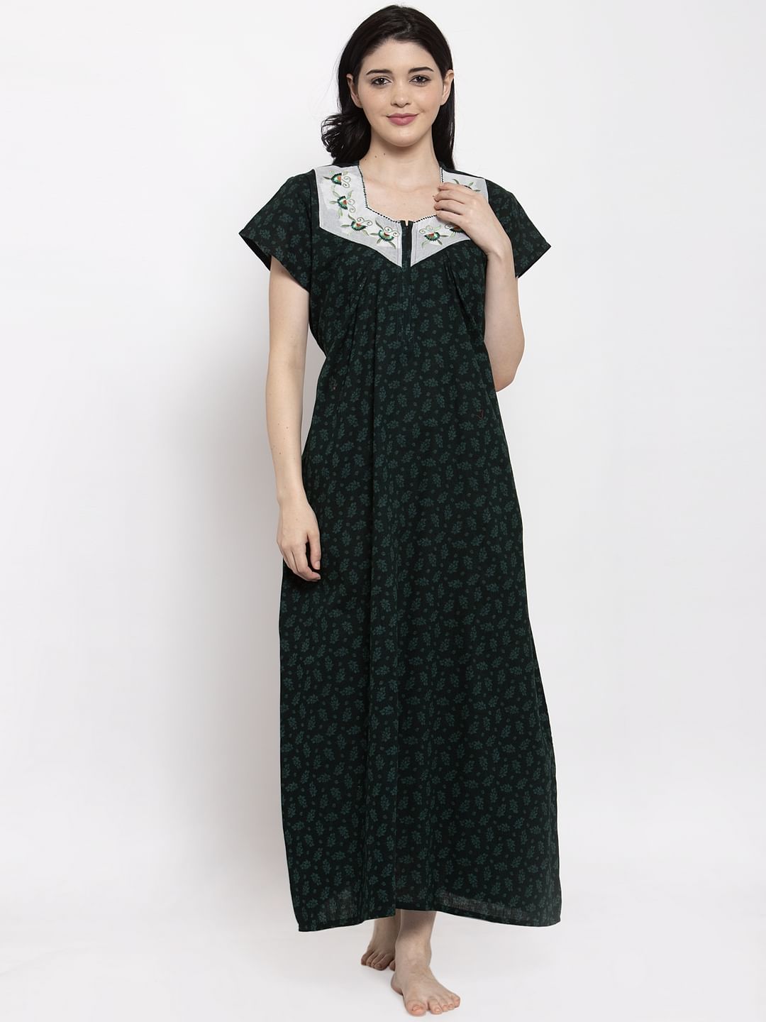 Olive Green Printed Cotton Nighty