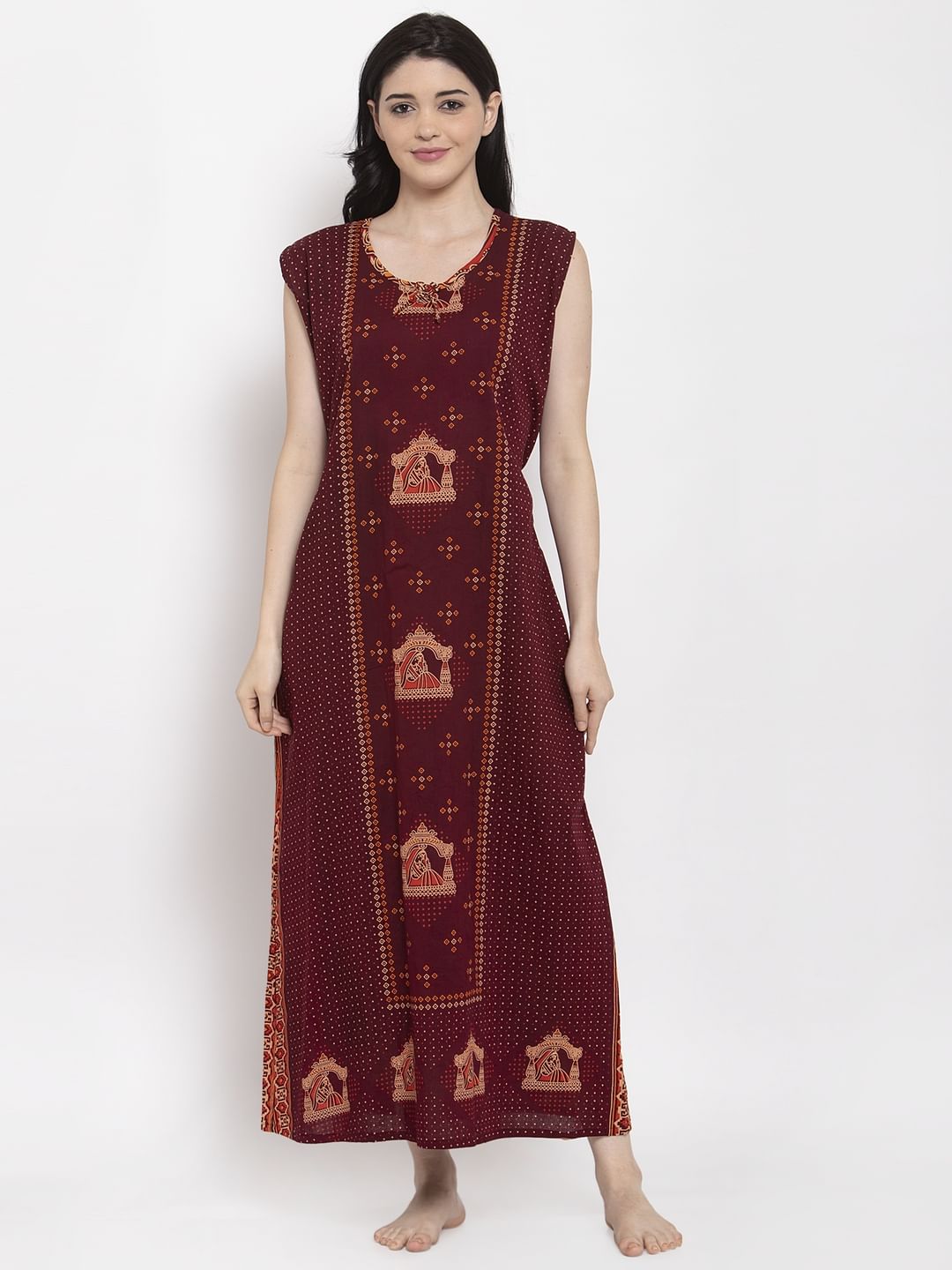 Brown Printed Cotton Nighty