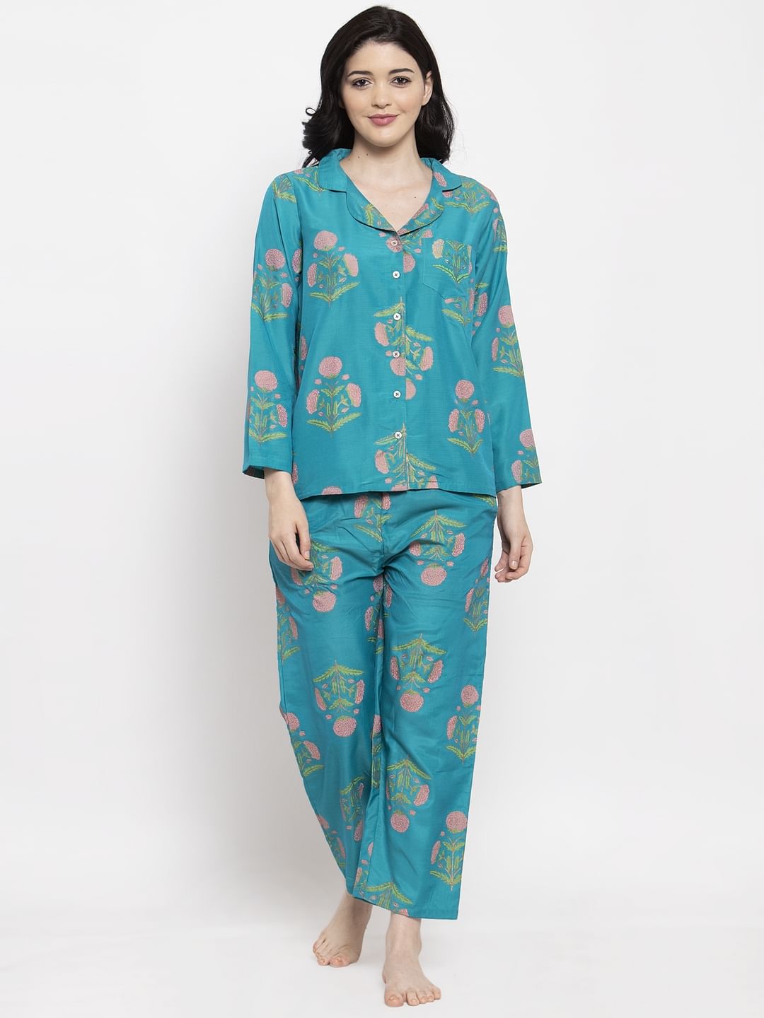 Turquoise Blue Cotton Printed Nightsuit