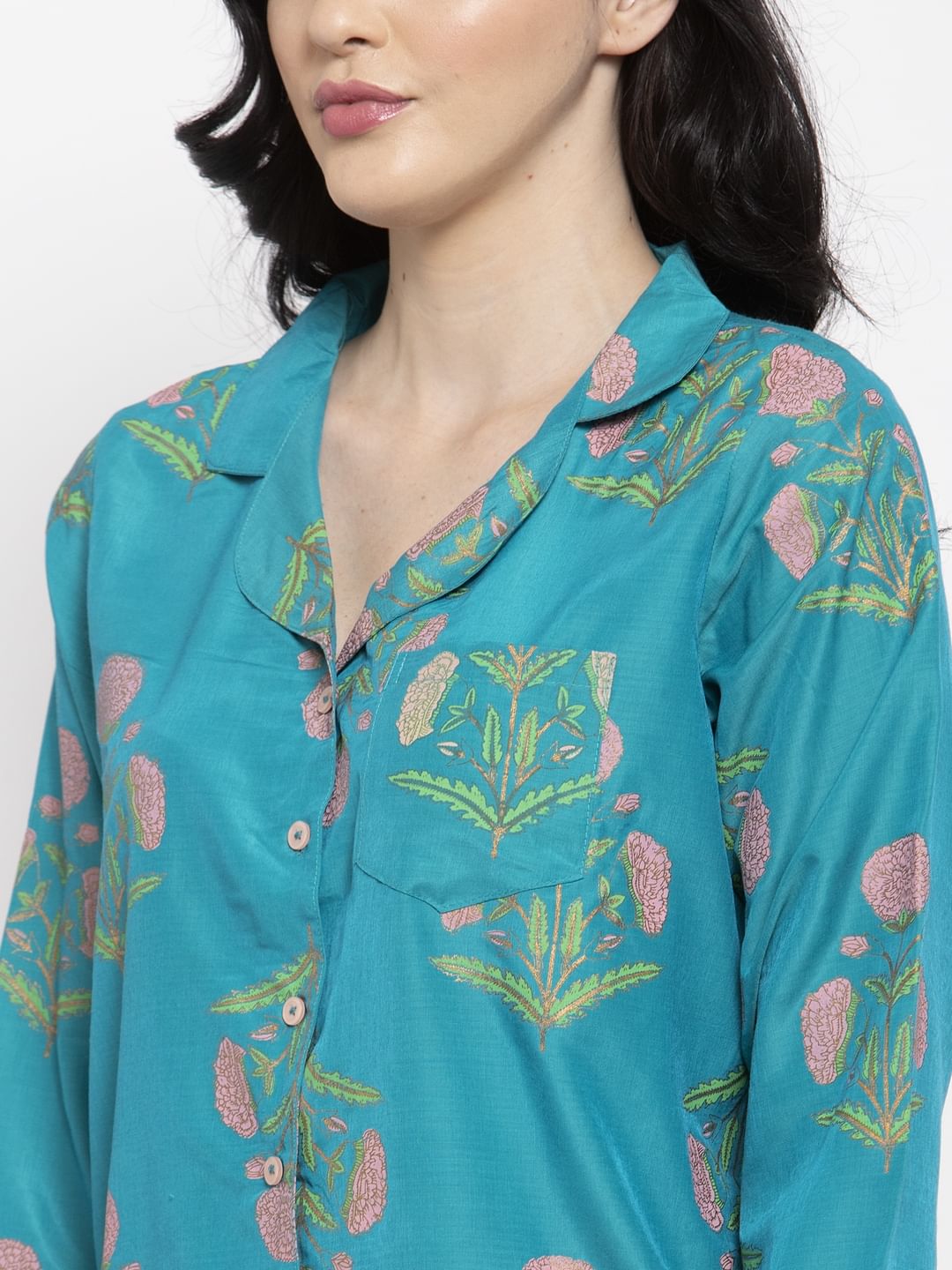 Turquoise Blue Cotton Printed Nightsuit