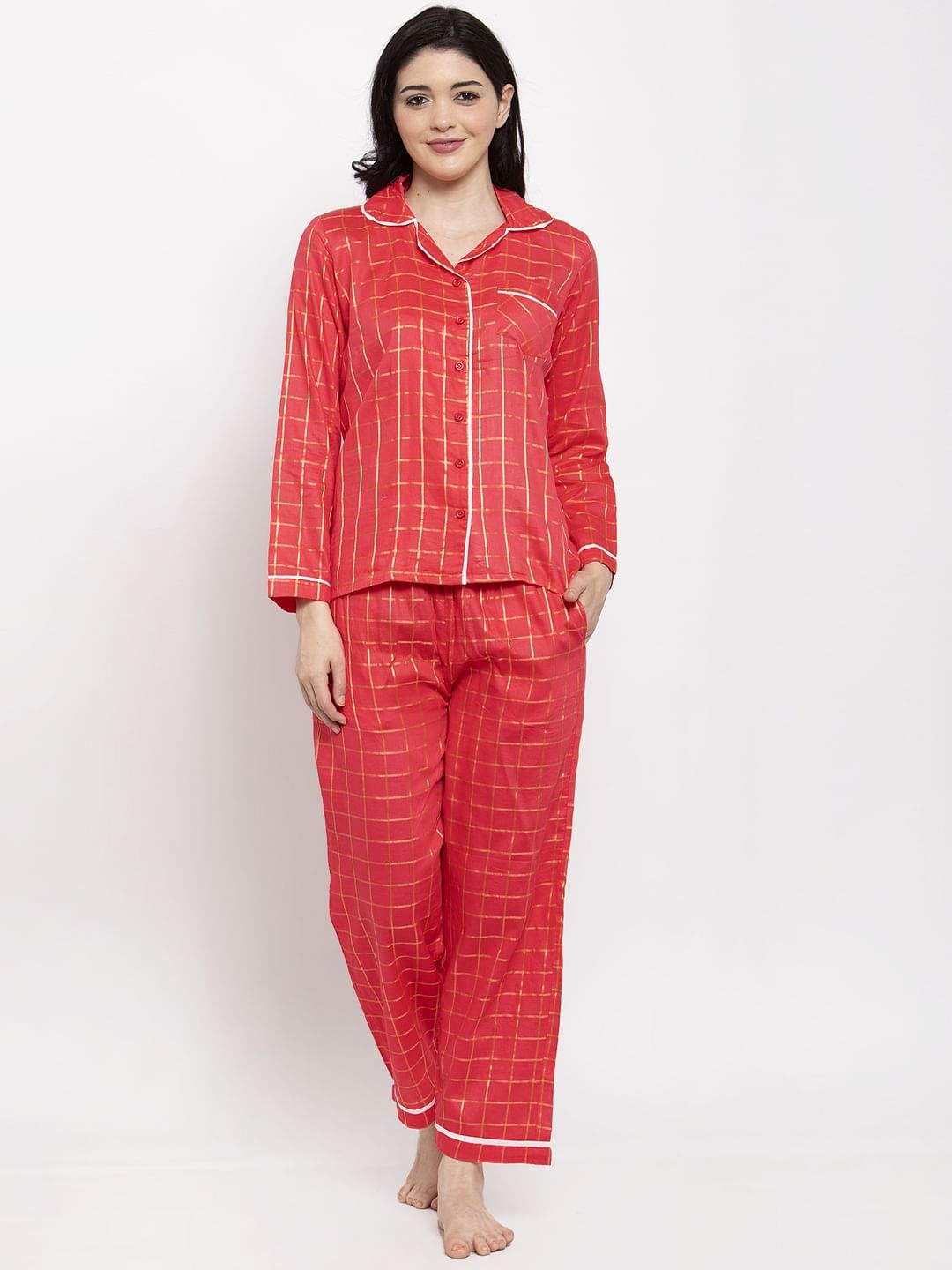 Red Cotton Checked Nightsuit