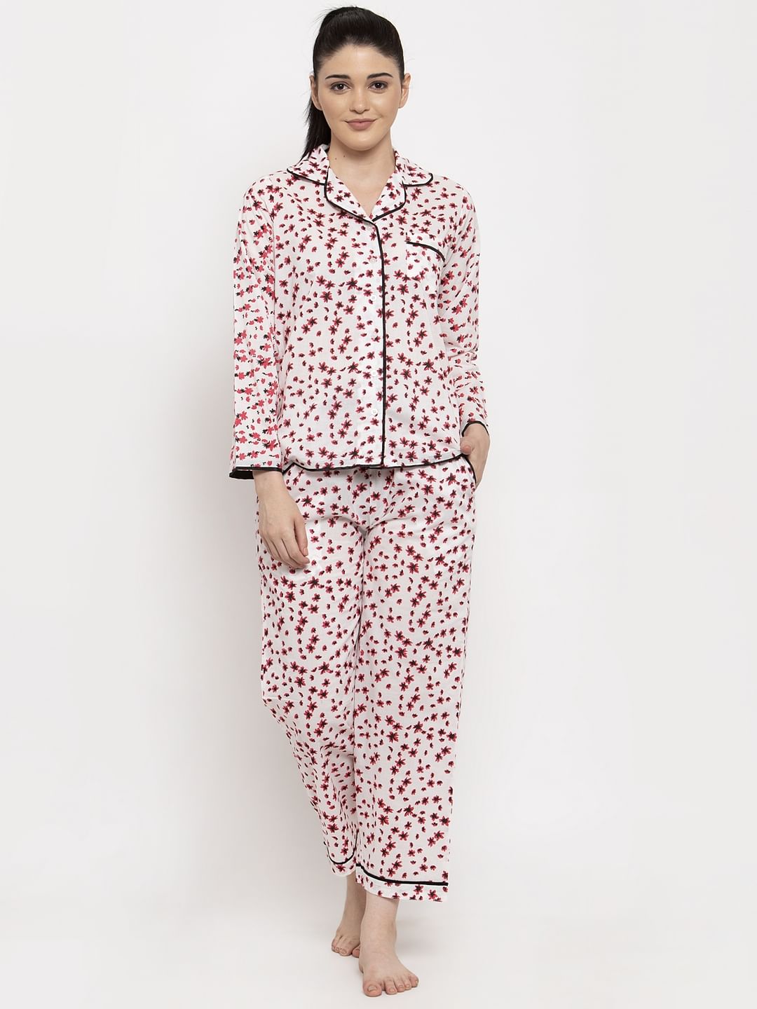 White-Red Cotton Printed Nightsuit