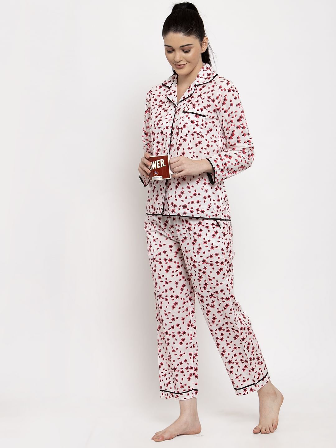 White-Red Cotton Printed Nightsuit